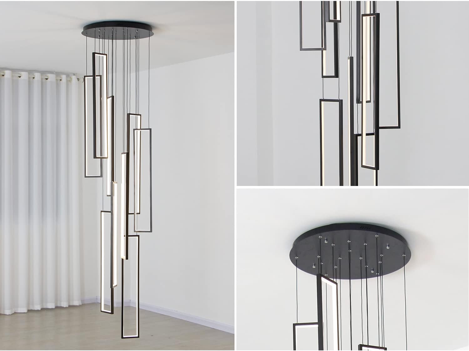 9 Lights Modern High Ceiling Chandelier, Large Long Pendant Light for Stairs, Entryway, Black Long Cluster Chandelier Light. (NO TEST)